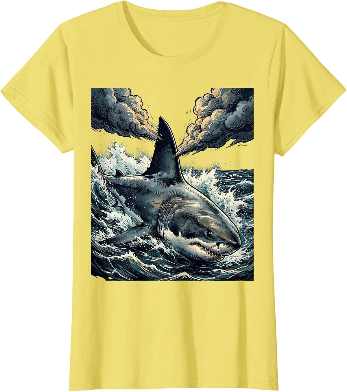 Women's Shark Dorsal Fin Storm Clouds Graphic Tee T-Shirt - Lemon Yellow