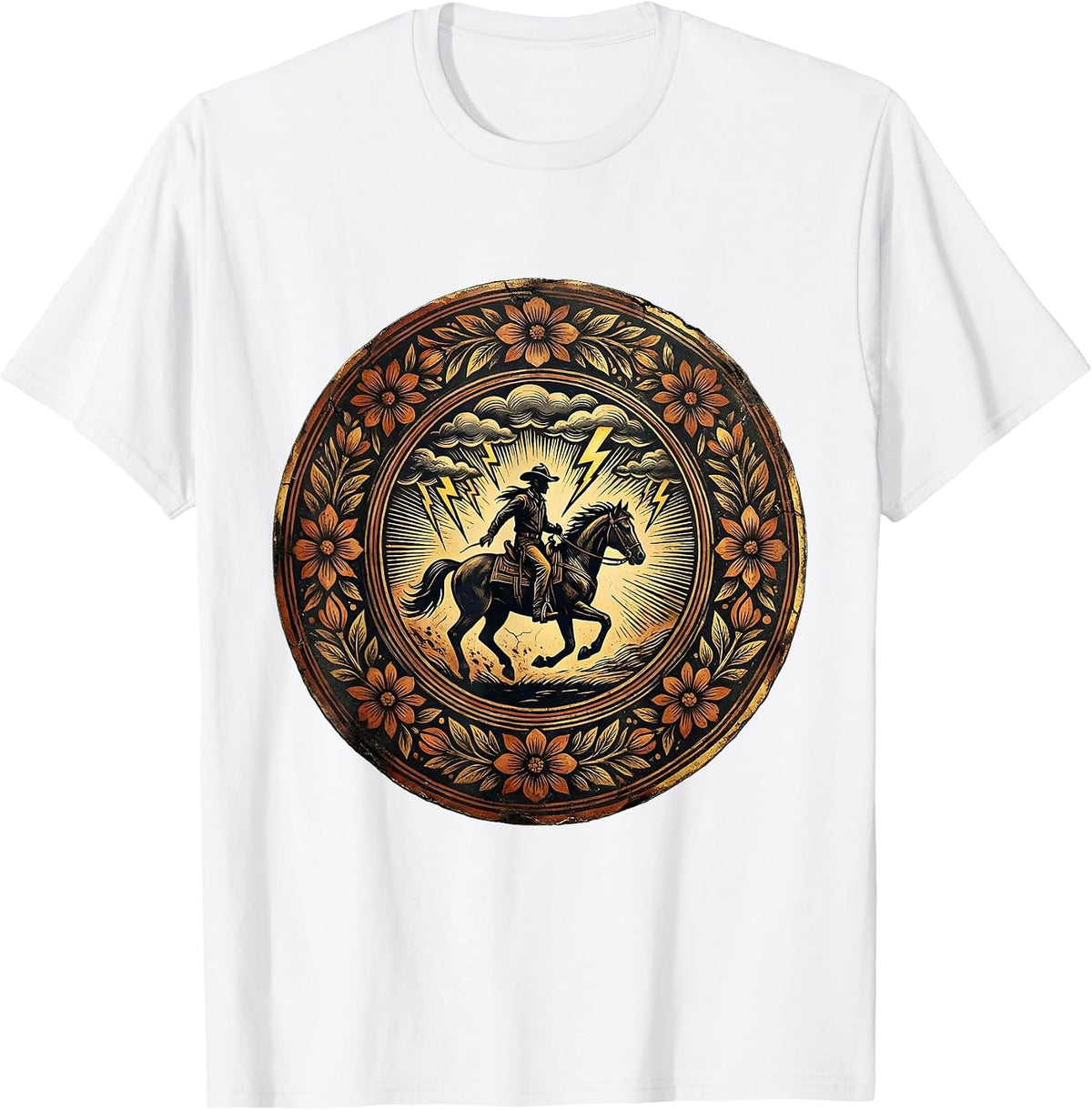 Men's Cowboy Riding Into Stormy Lightning Sky T-Shirt - White