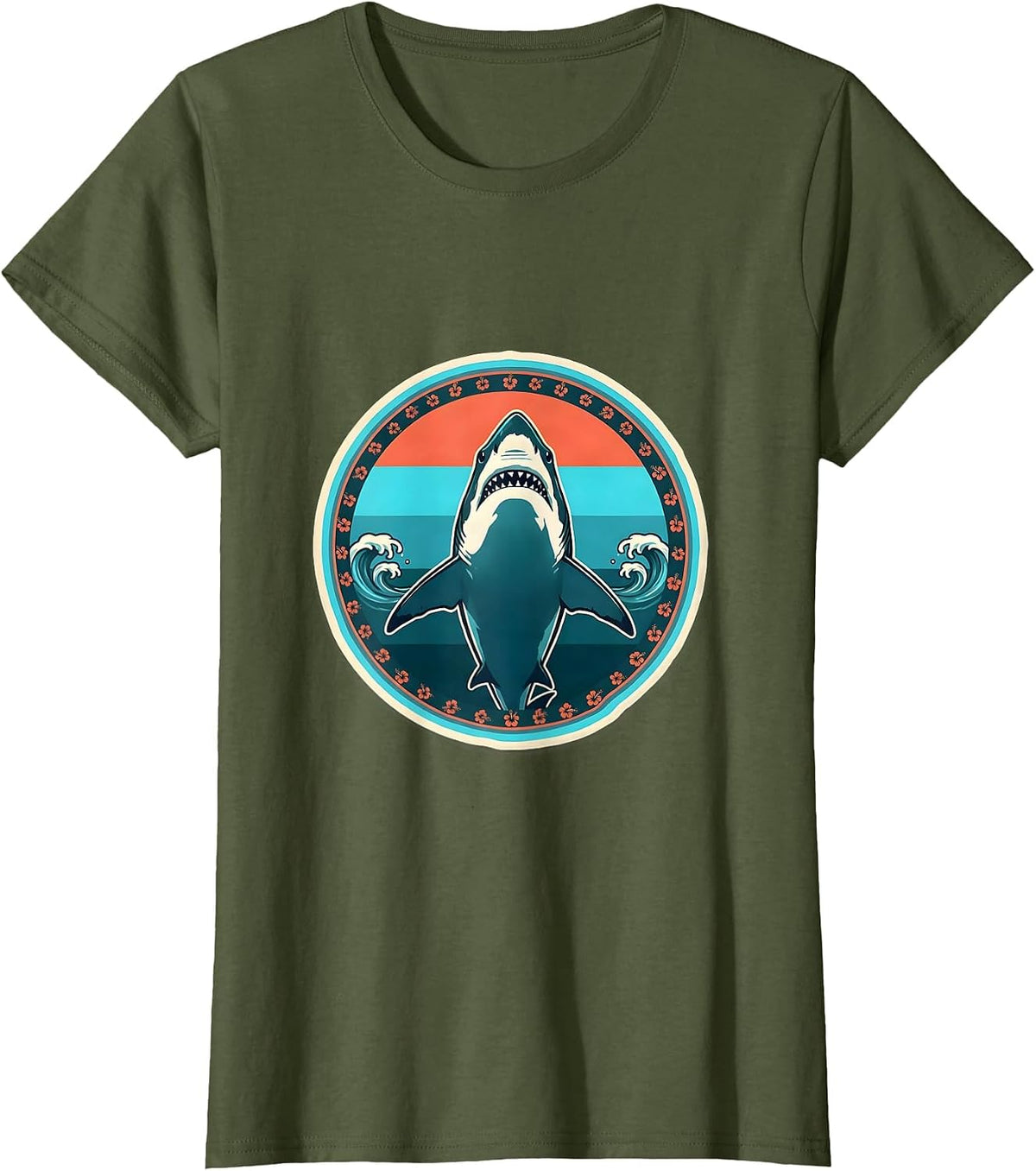 Women's Great White Shark Ocean Silhouette Hawaiian Design T-Shirt - Olive Green