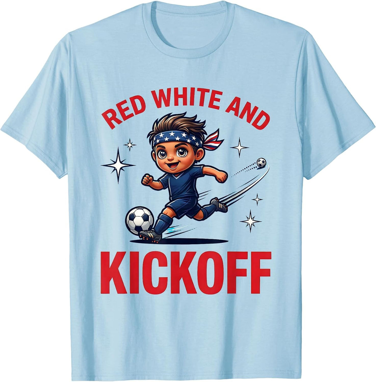 Men's RED WHITE AND KICKOFF Cartoon Soccer Player Labor Day T-Shirt - Baby Blue