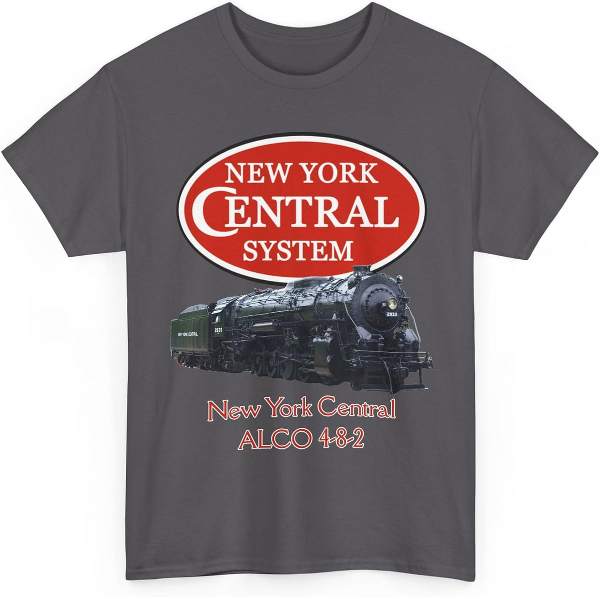 New York Central ALCO 4-8-2 Steam Locomotive & Logo T-Shirt | Railroad Tee - Charcoal