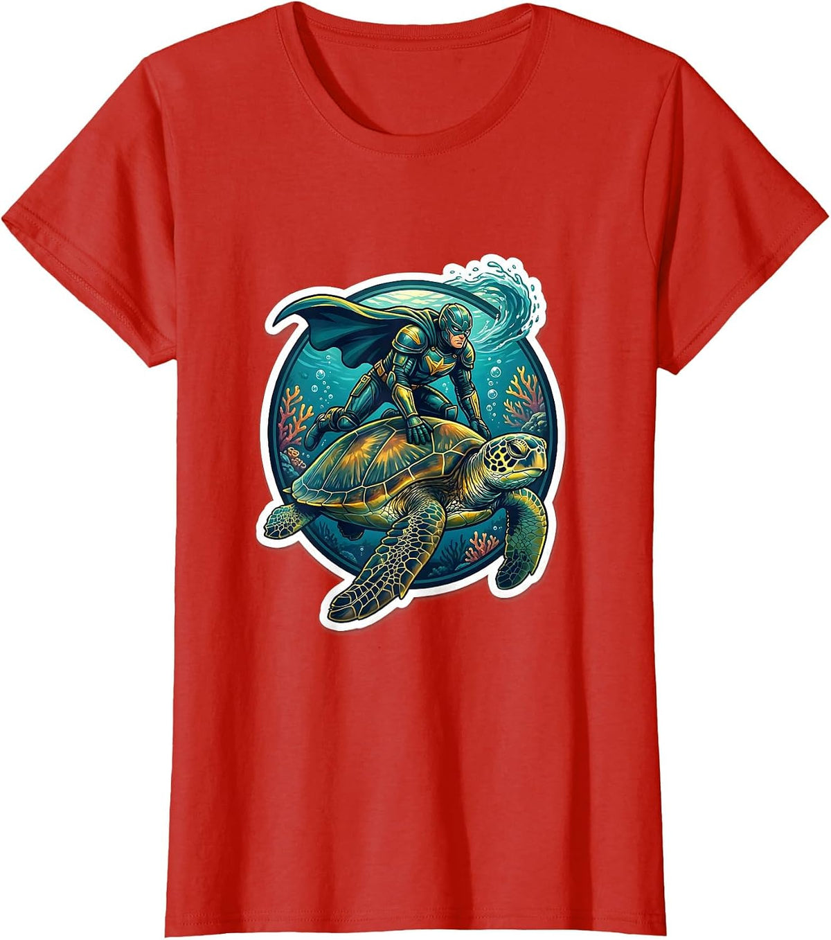 Women's Undersea Hero Riding Giant Sea Turtle Design T-Shirt - Red