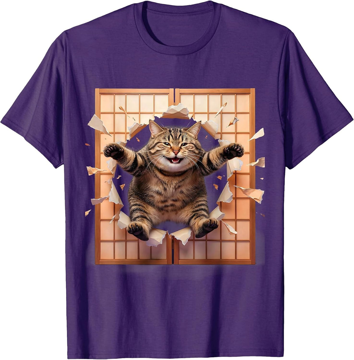 Men's Tabby Cat Leaping Through Shoji Screen T-Shirt - Purple