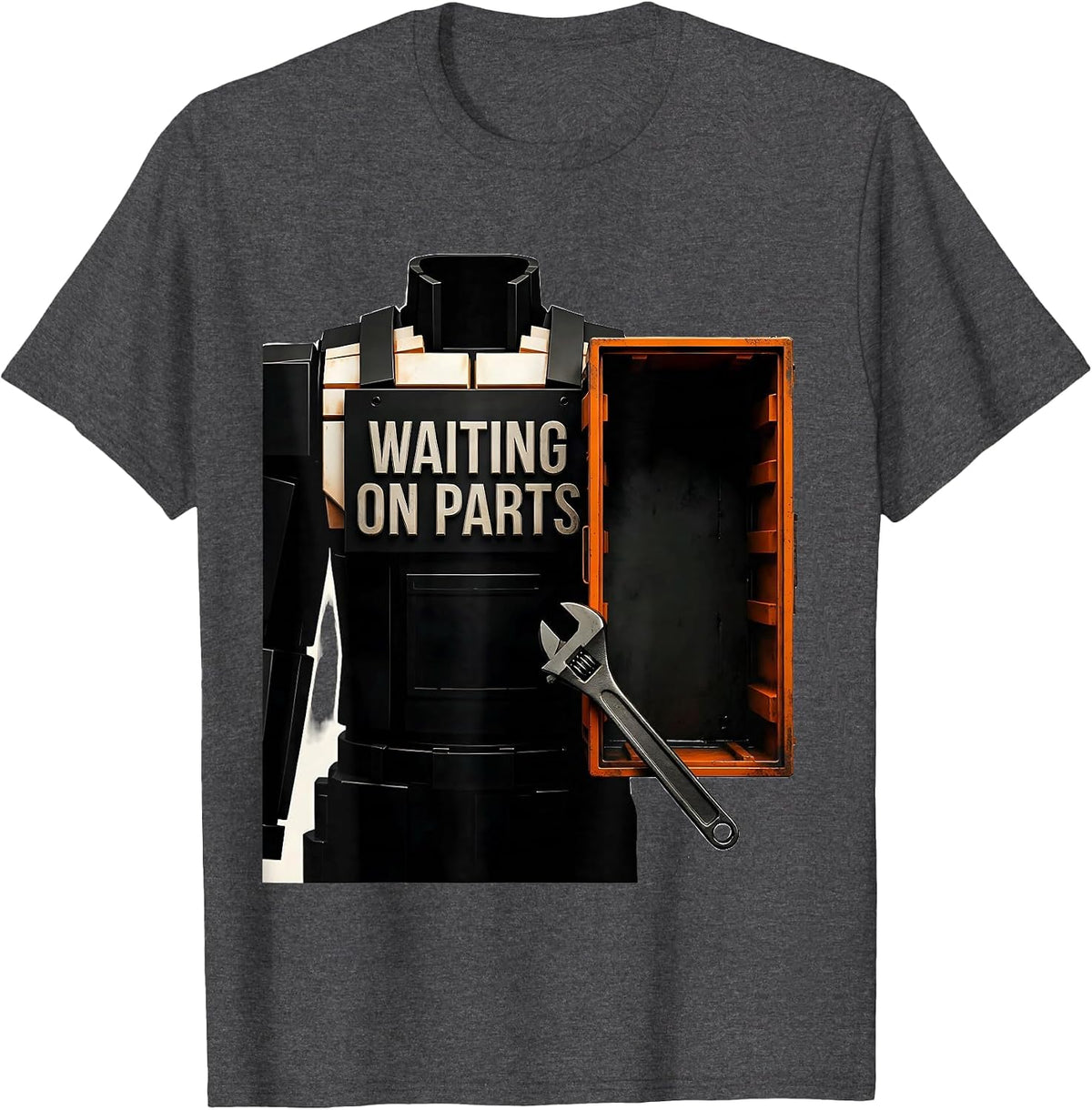 Men's Waiting On Parts Brutalist Graphic Funny Mechanic Auto T-Shirt - Dark Heather Grey