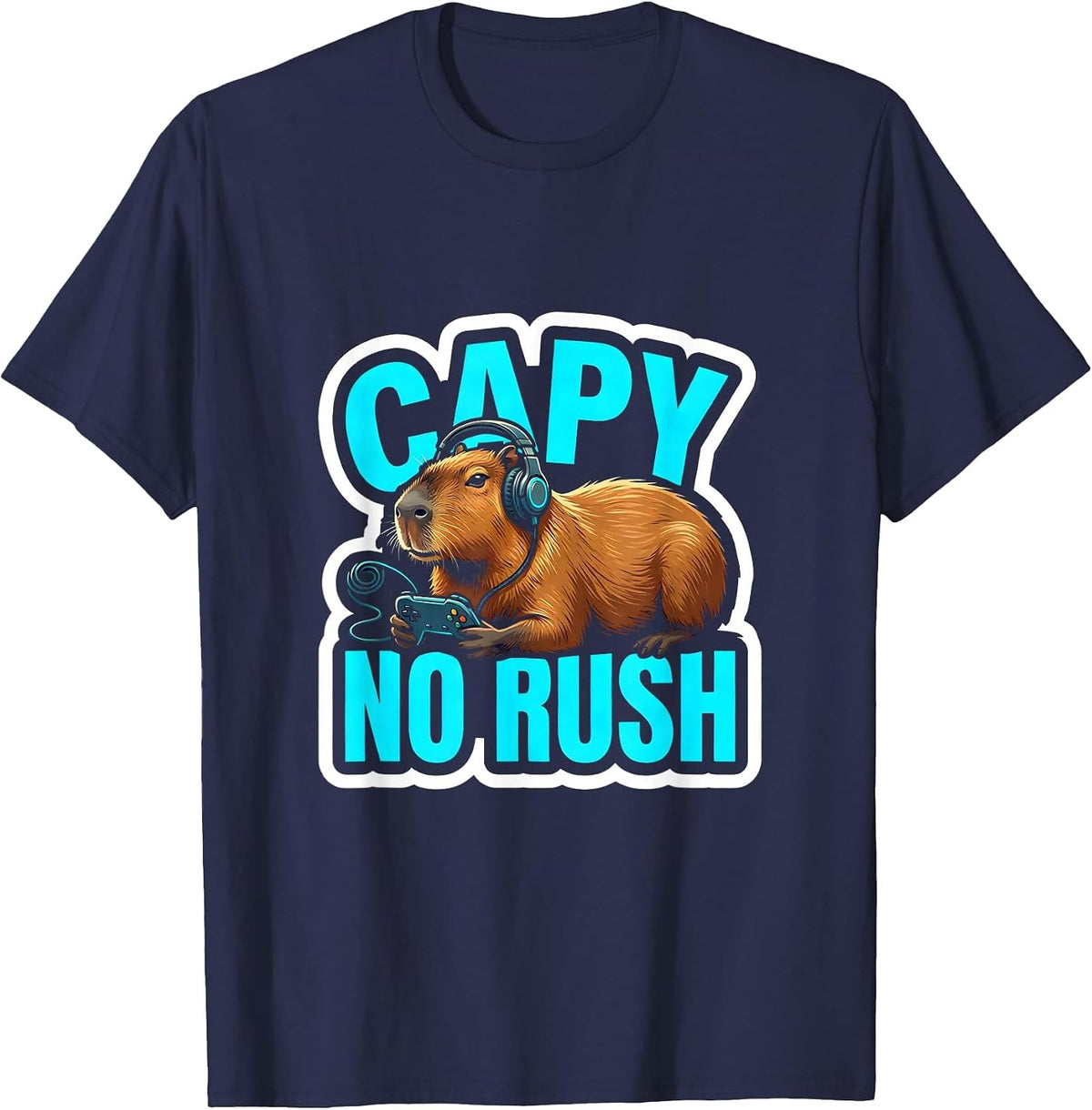 Capy, No Rush Funny Capybara Gaming Meme Youth Humor T-Shirt - Navy Blue