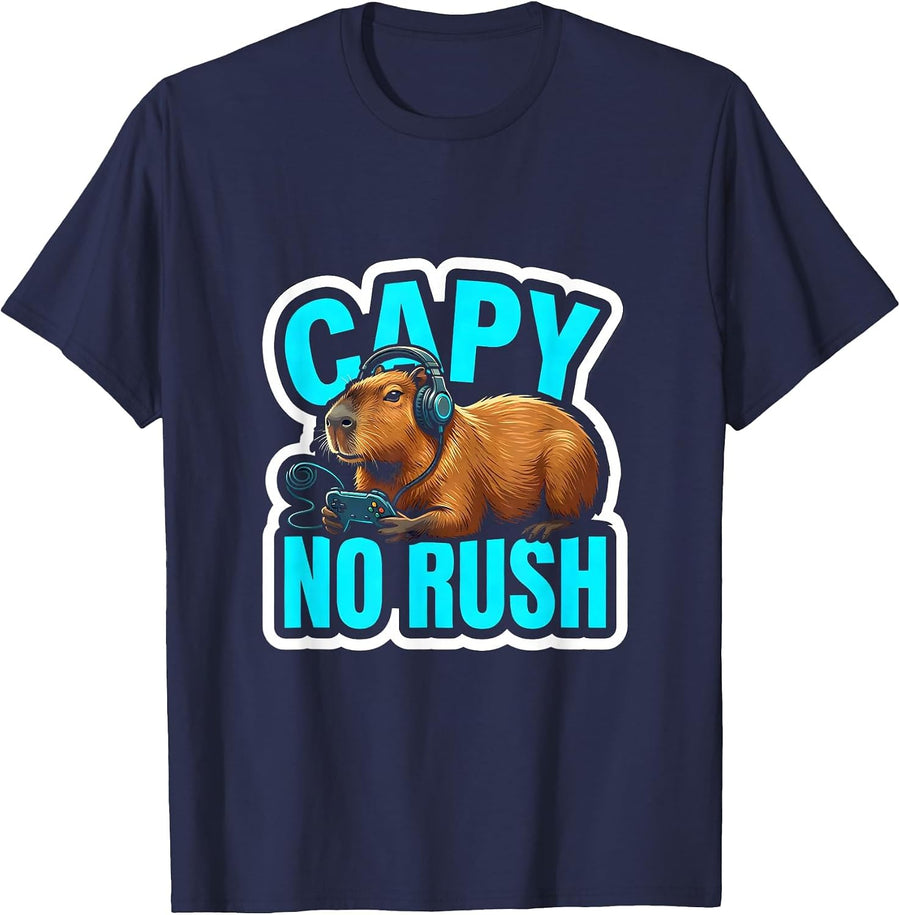 Capy, No Rush Funny Capybara Gaming Meme Youth Humor T-Shirt - Navy Blue