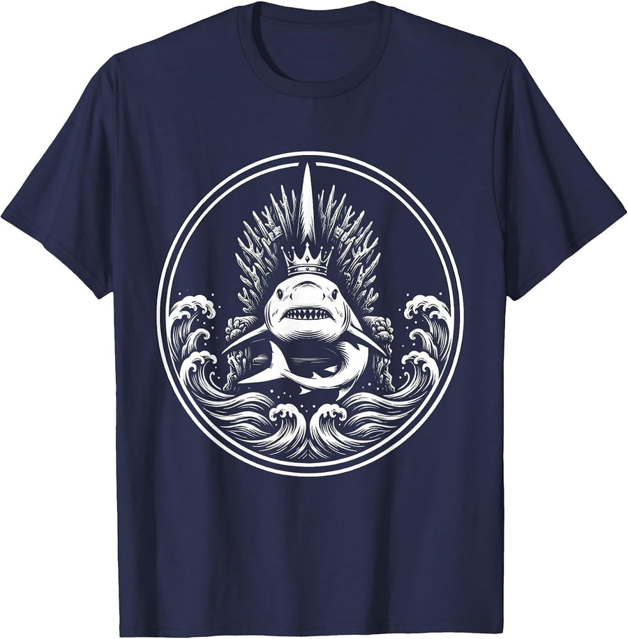 King Shark Ocean Throne Crown Ruler Design T-Shirt - Navy Blue