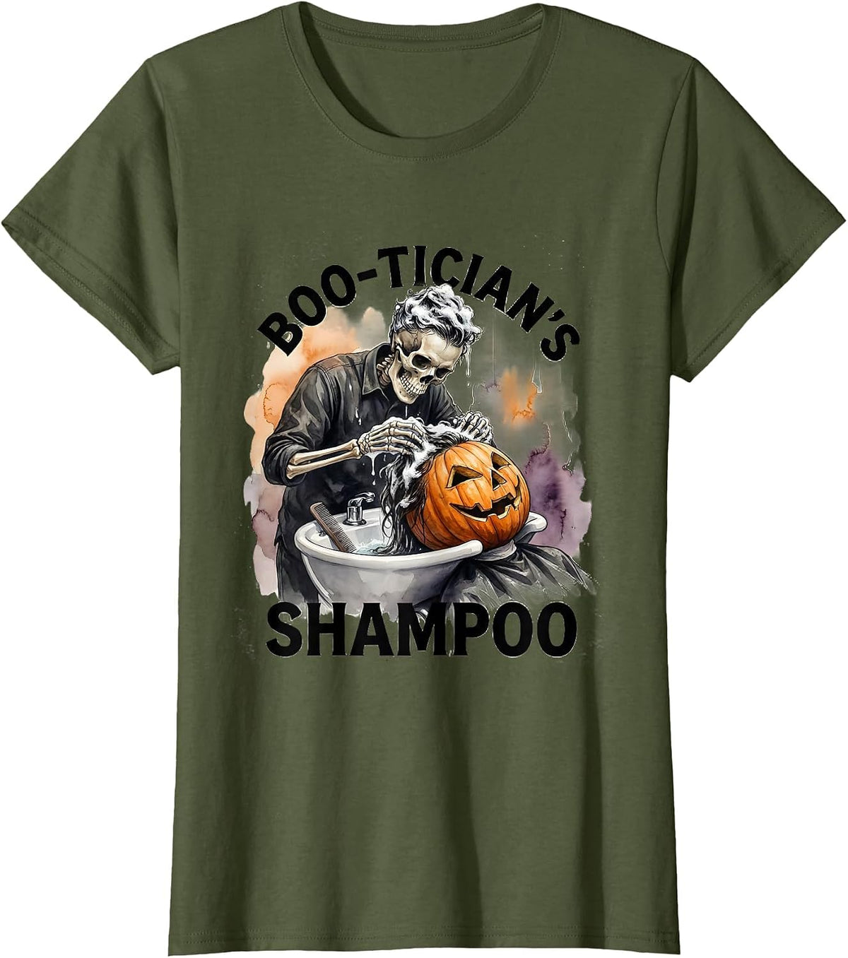 Women's Boo-tician's Shampoo Watercolor Skeleton Hairdresser T-Shirt - Olive Green
