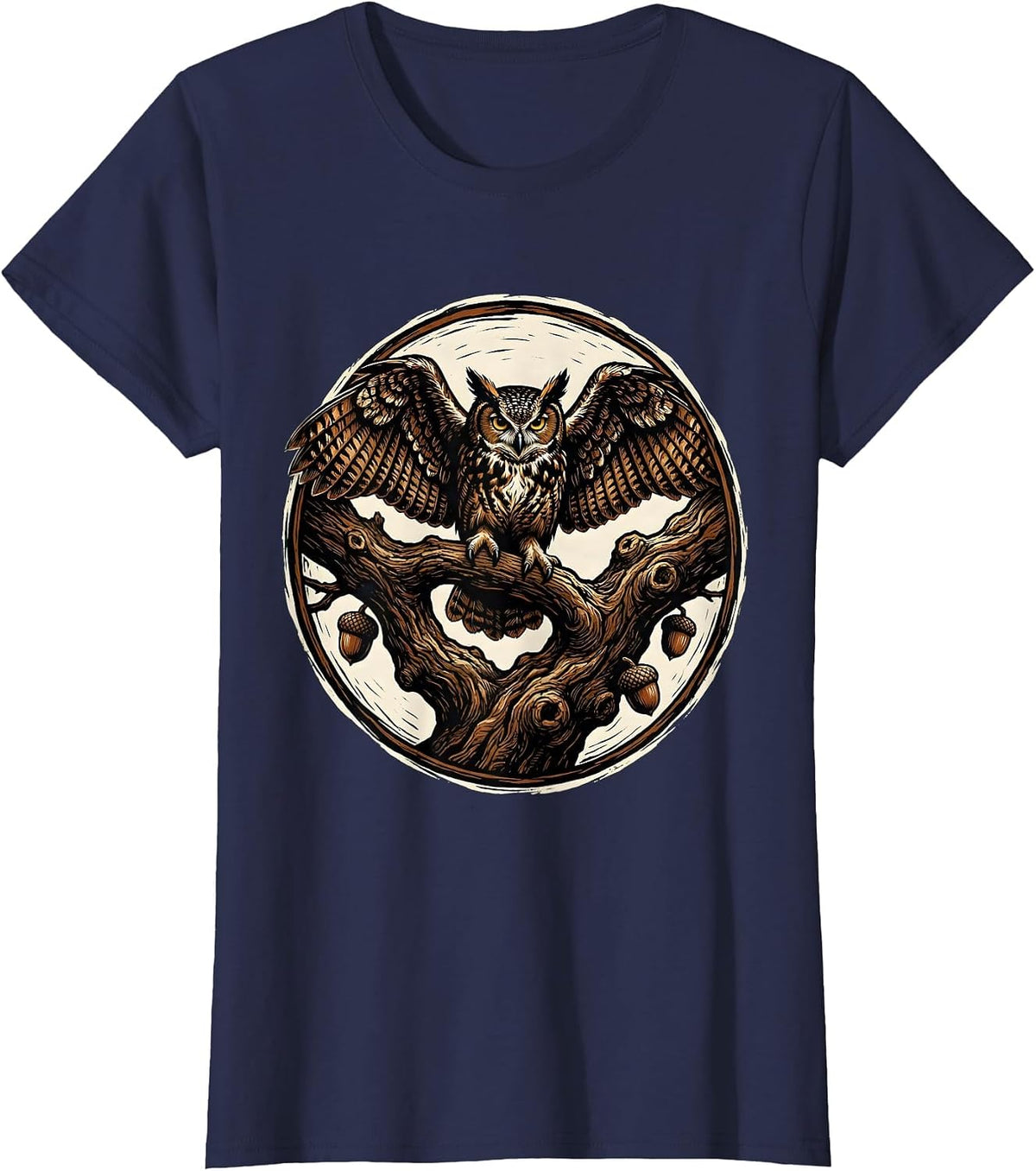 Women's Owl on Gnarled Oak Branch Fall Nature Design T-Shirt - Navy Blue