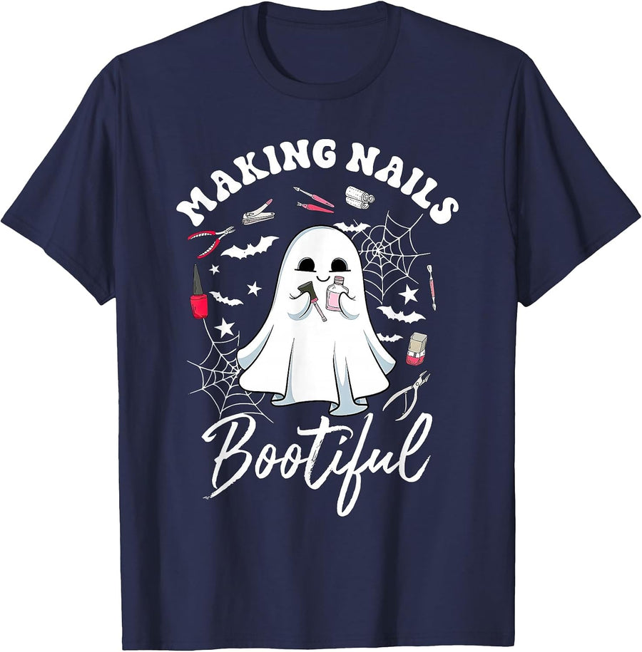 Making Nails Bootiful Halloween Nail Technician Artist Ghost T-Shirt - Navy Blue