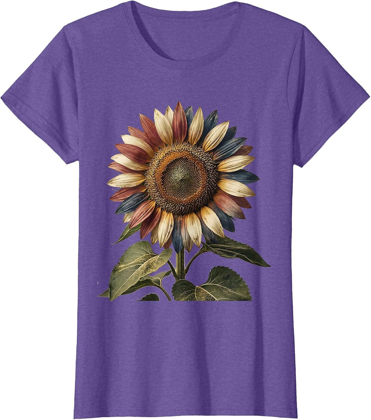 Women's Red White and Blue Sunflower Patriotic Design T-Shirt - Purple Heather