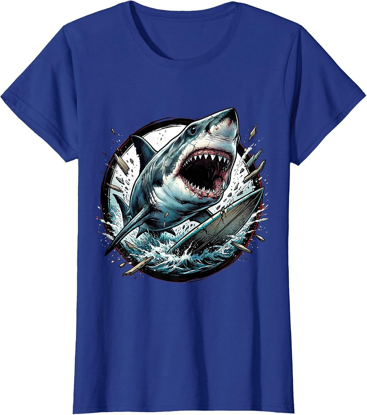 Women's Great White Shark Surfboard Attack Graphic T-Shirt - Royal Blue