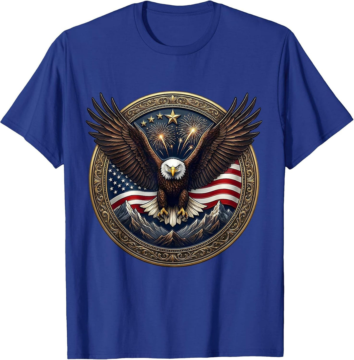 Men's Red White and Blue Bald Eagle Mountain Peak T-Shirt - Royal Blue