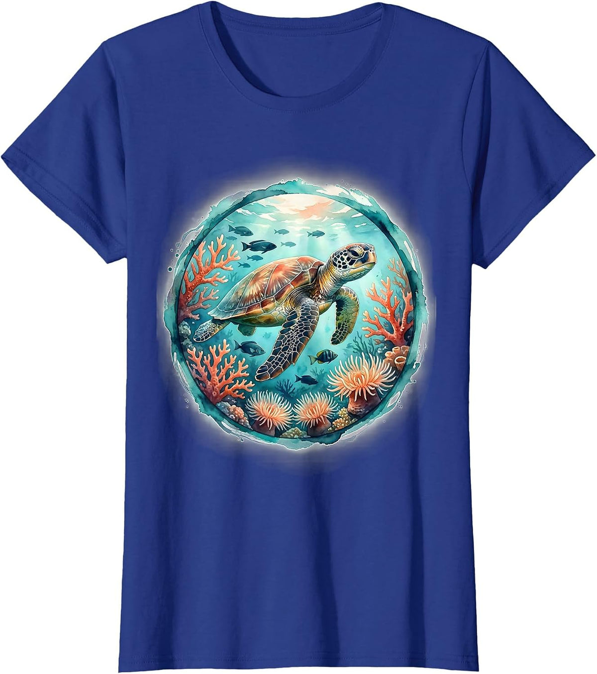 Women's Costa Rica Sea Turtle Coral Reef Illustration T-Shirt - Royal Blue