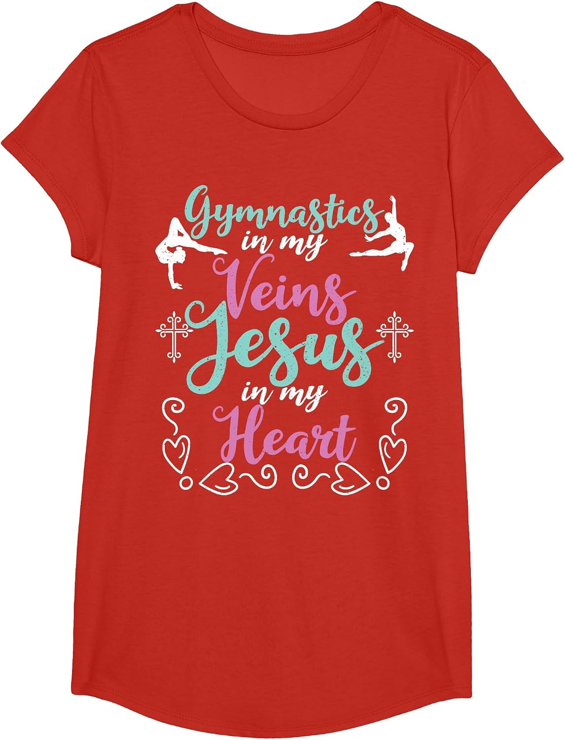 Gymnastics in My Veins Jesus in My Heart Christian Gymnasts T-Shirt - Girls Red