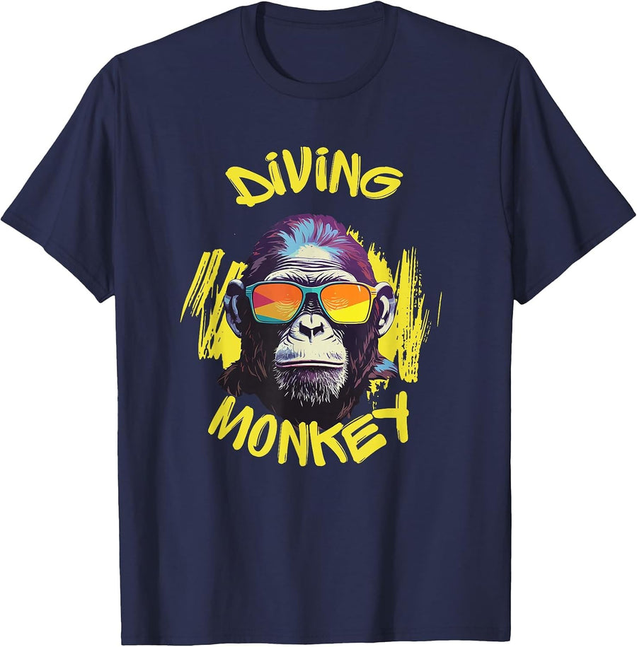 Scuba Diving Monkey Diver Down Fun Jungle Ape Art Graphic T-Shirt - Navy Blue