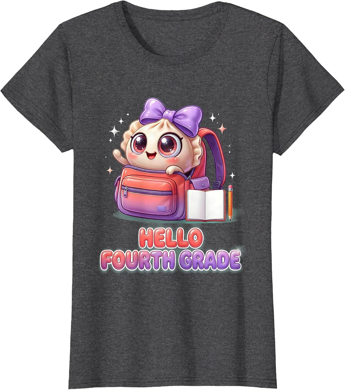 Women's Hello Fourth Grade Cute Dumpling Kawaii Back to School Girl T-Shirt - Dark Heather Grey