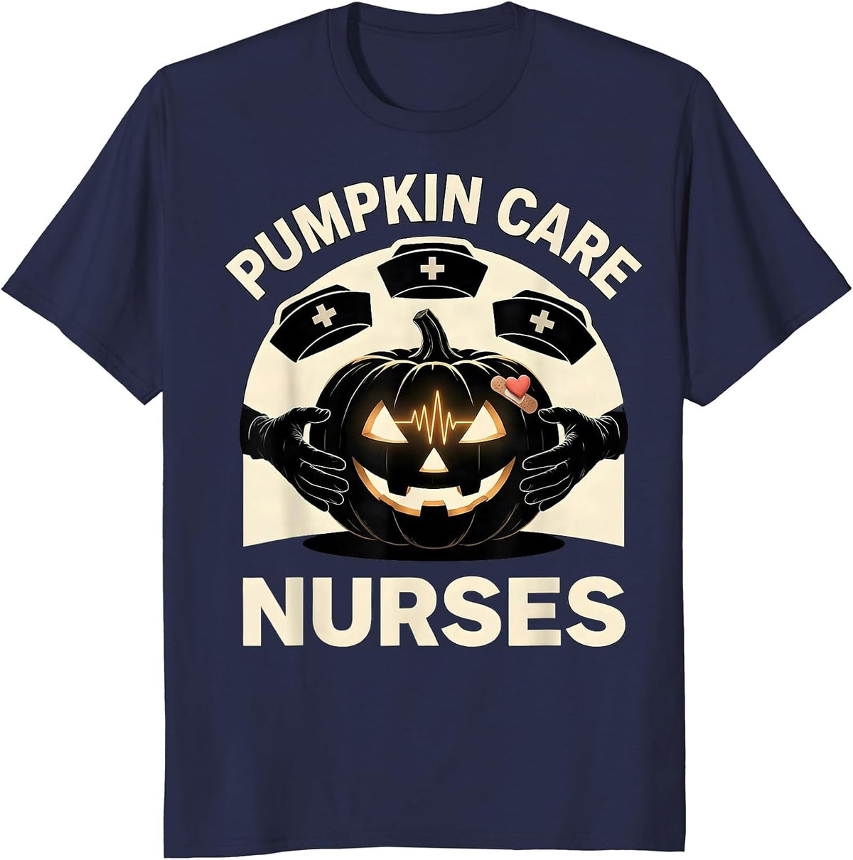 Men's Pumpkin Care Nurses Halloween Nurse Team Shift Humor T-Shirt - Navy Blue