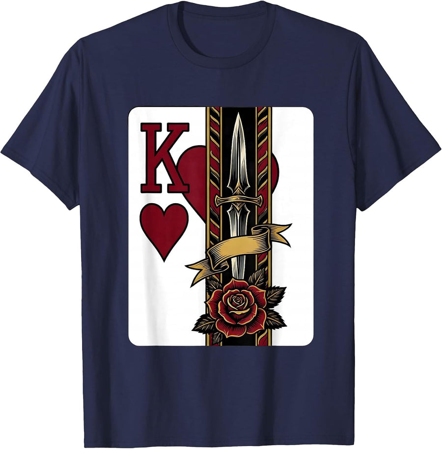 King of Hearts Half Card Tattoo Poker Player Casino Humor T-Shirt - Navy Blue