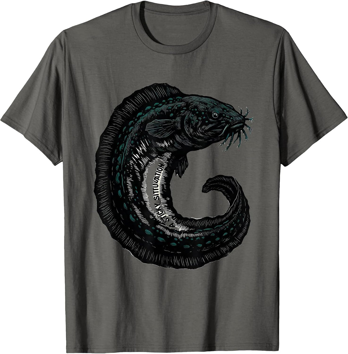 A Sticky Situation Linocut Shark Humor Ocean Wildlife T-Shirt - Asphalt Grey