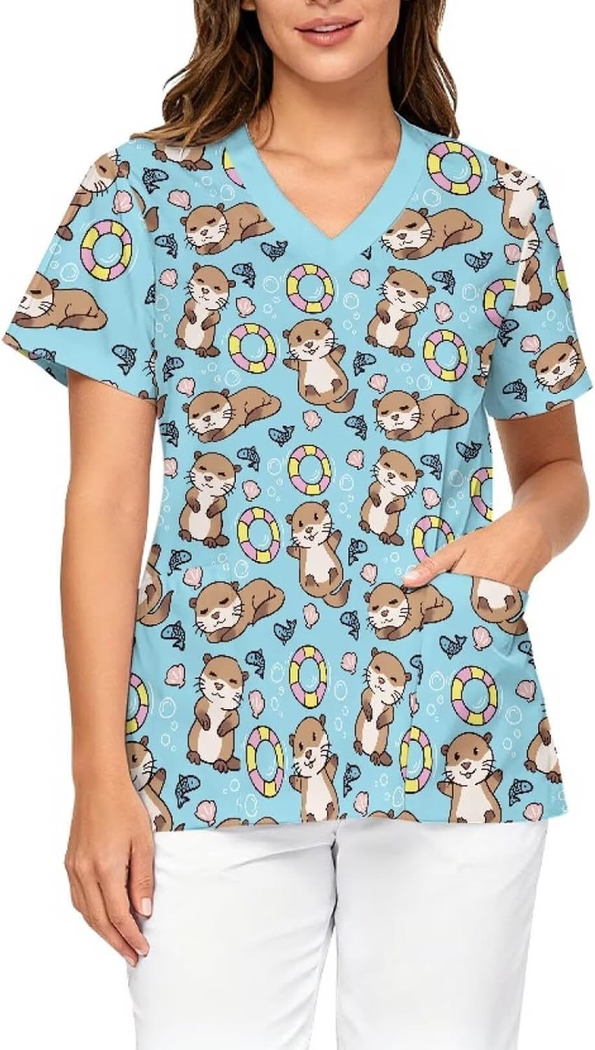 Printed Scrub Top for Women, V Neck Stretch Plus Size Work Uniform - Blue - Cute Sea Otter Print