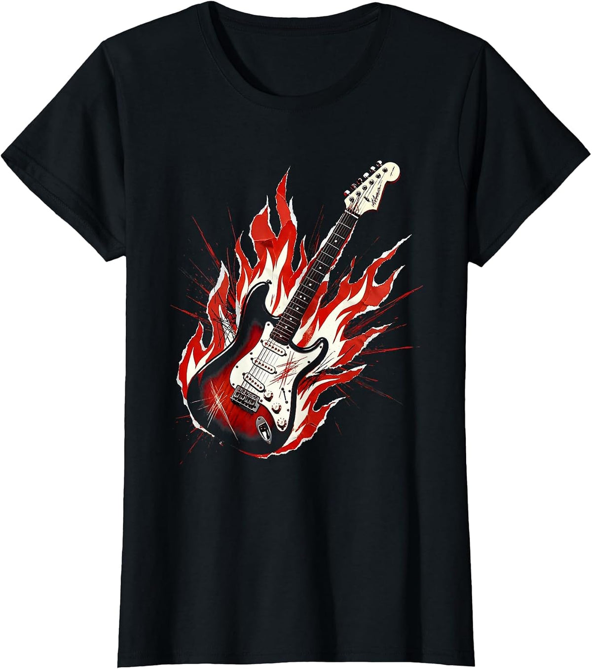 Flaming Electric Guitar Rock Band Graphic T-Shirt - Black