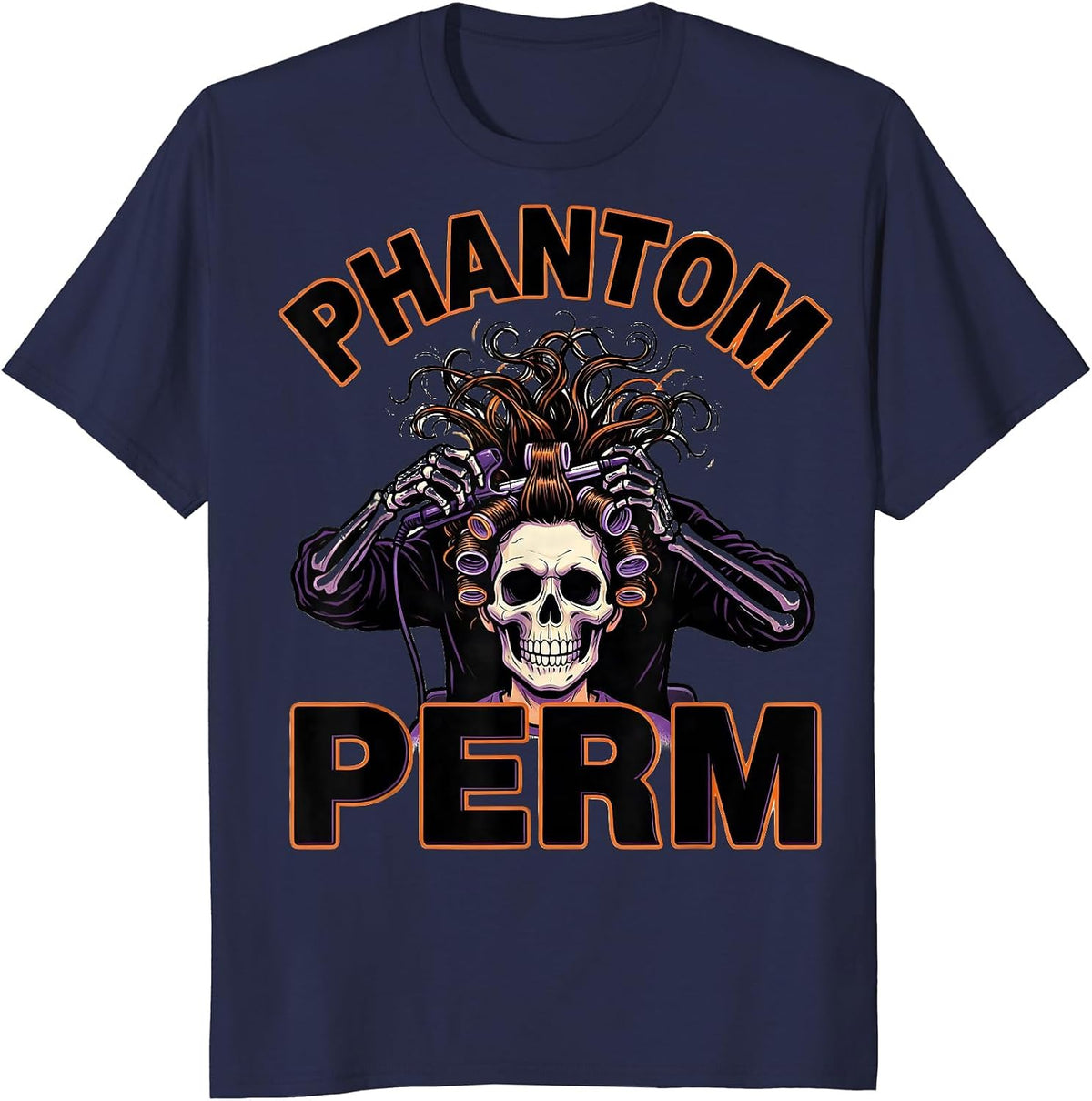 Men's Phantom Perm Cartoon Skeleton Hairstylist Halloween Barber T-Shirt - Navy Blue