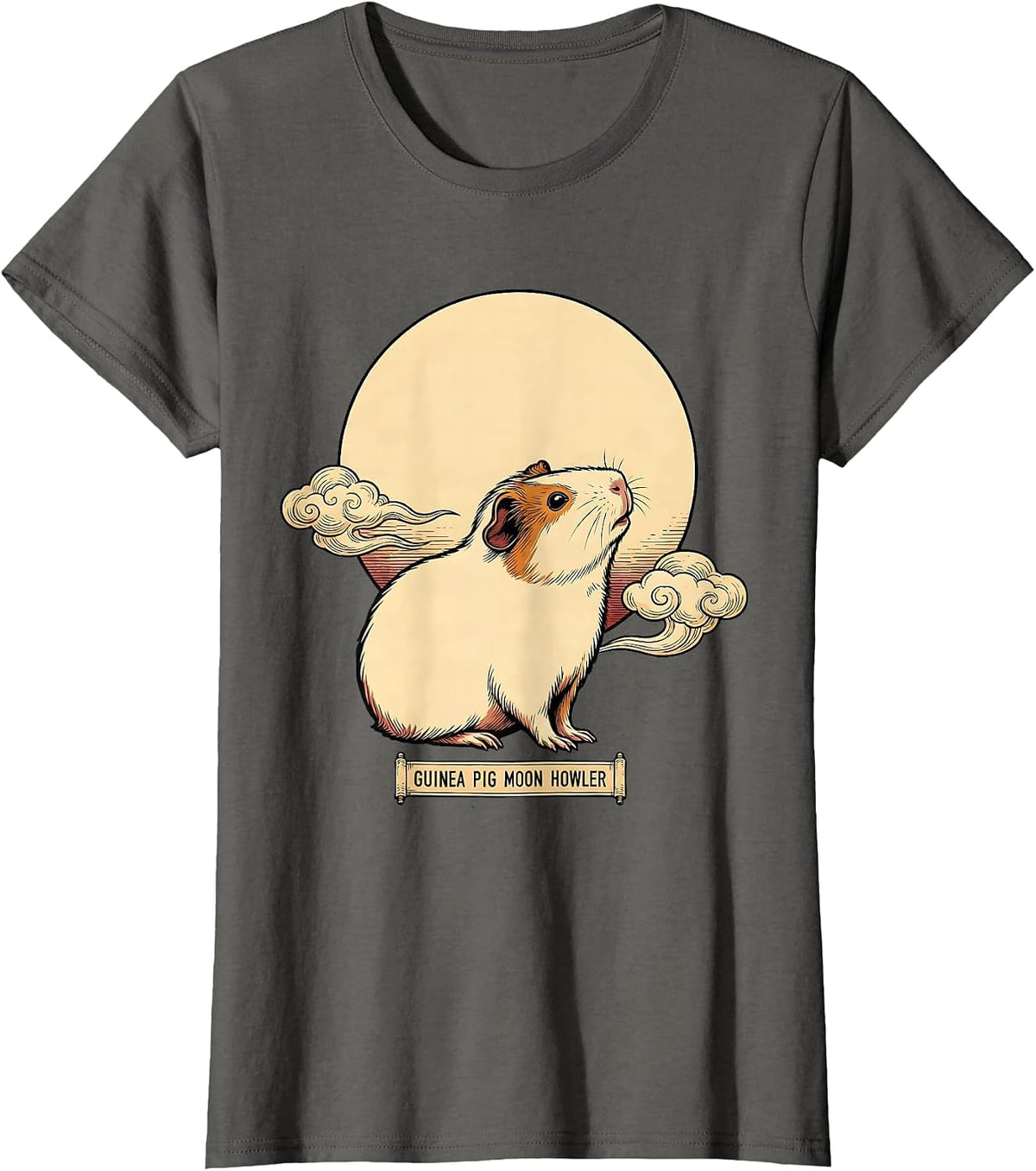 Women's Guinea Pig Moon Howler Ukiyo-e Funny Small Pet Meme T-Shirt - Asphalt Grey