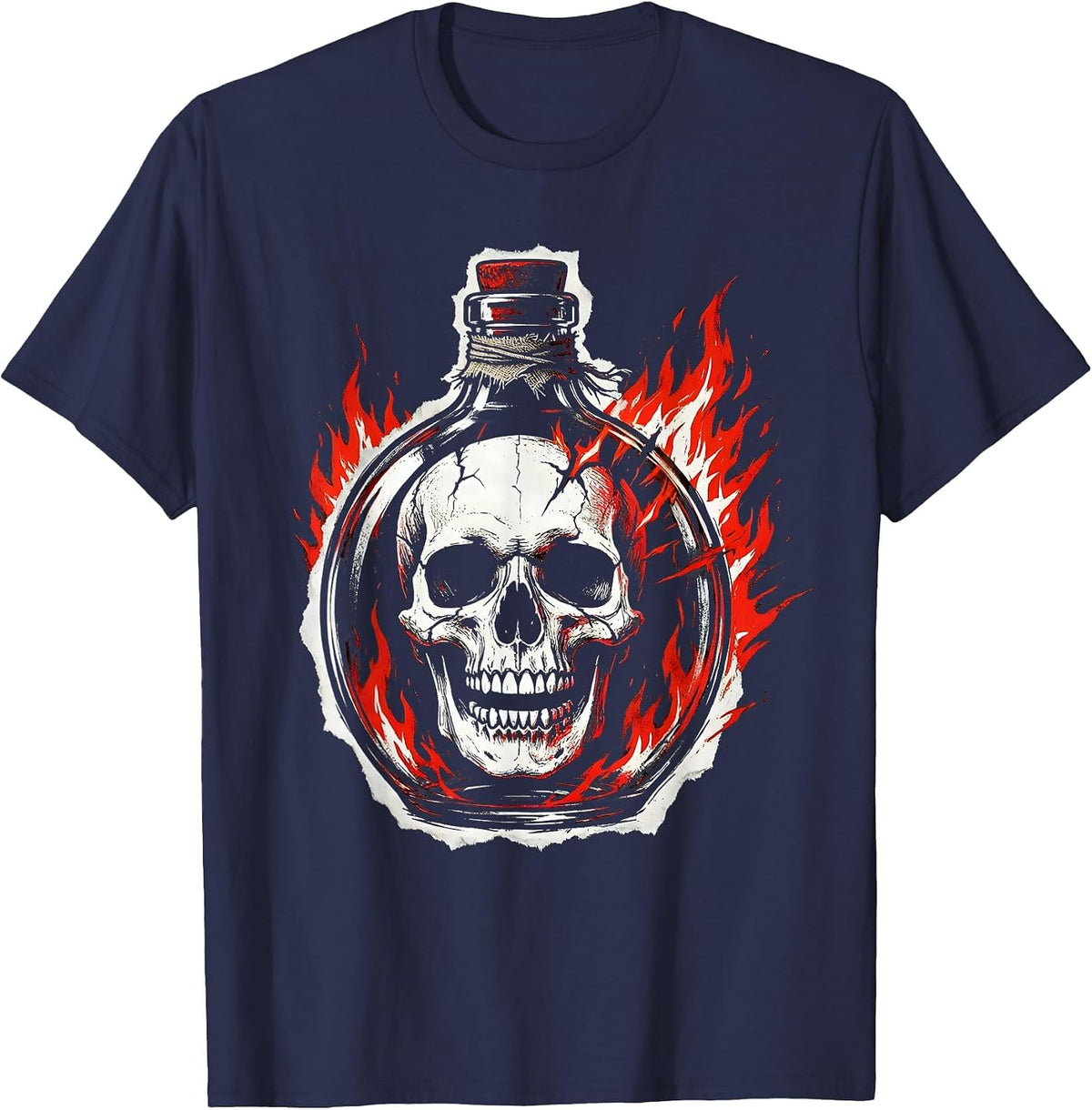 Flaming Skull Molotov Cocktail Graphic Design T-Shirt - Navy Blue