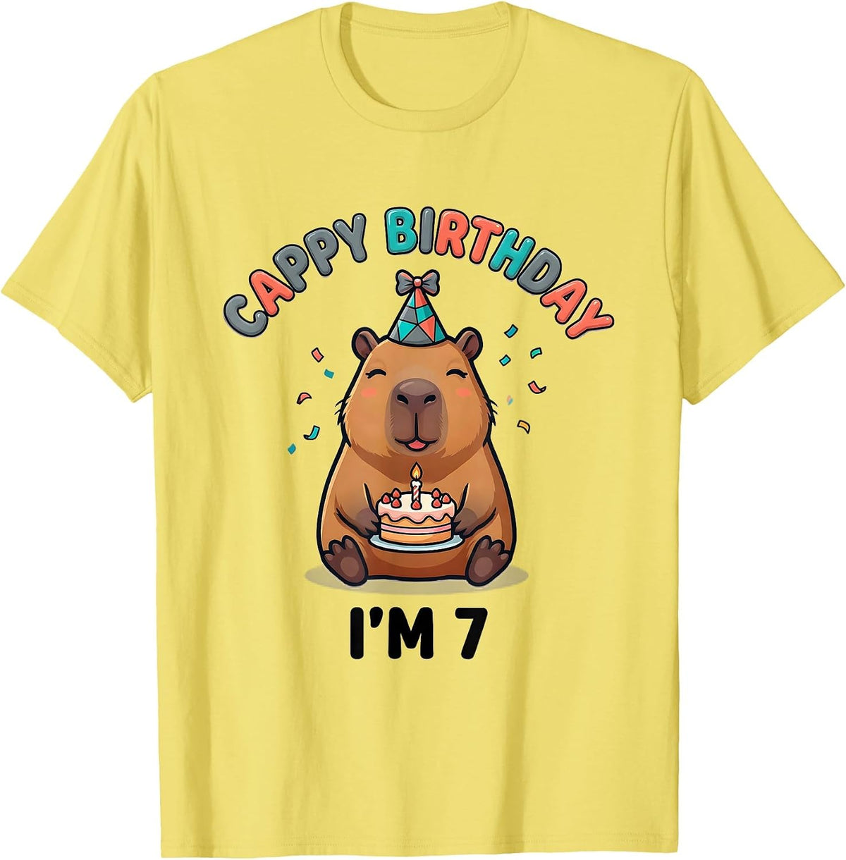 Men's Cappy Birthday I'm 7 Cute Kawaii Capybara Birthday Gift T-Shirt - Lemon Yellow