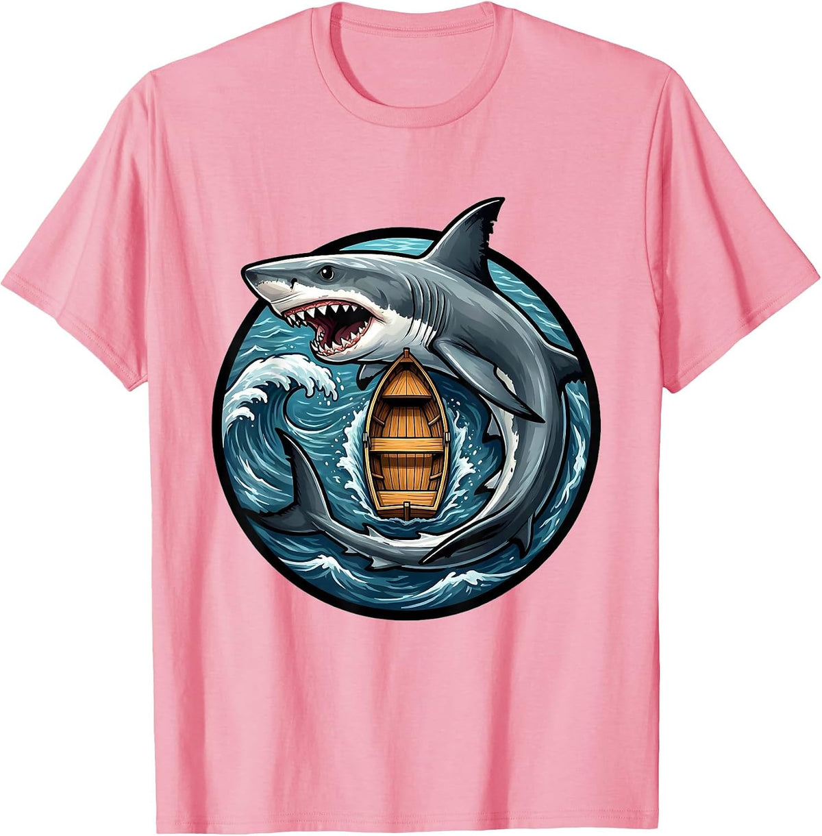Men's Shark Circling Rowboat Aerial View Graphic T-Shirt - Pink