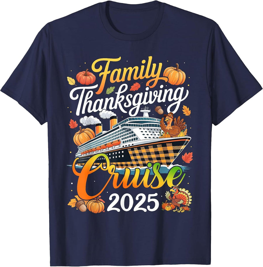 Family Thanksgiving Cruise 2025 Vacation Turkey Pumpkin T-Shirt - Navy Blue