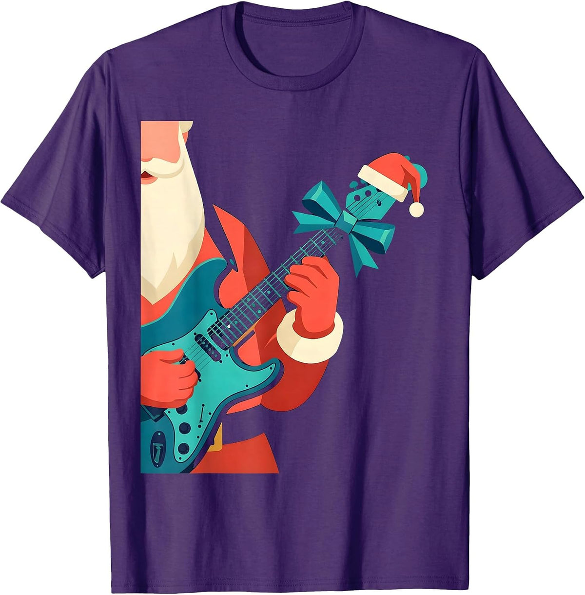 Men's Cropped Santa Rock Guitar Flat Vector Musician Gift T-Shirt - Purple
