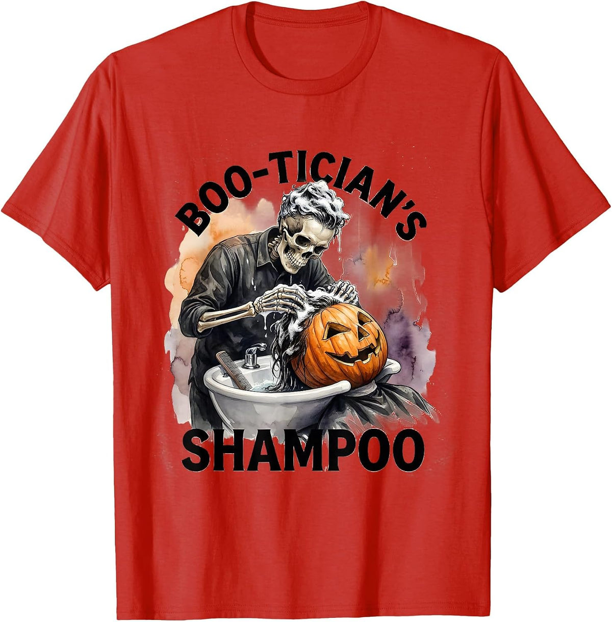 Men's Boo-tician's Shampoo Watercolor Skeleton Hairdresser T-Shirt - Red