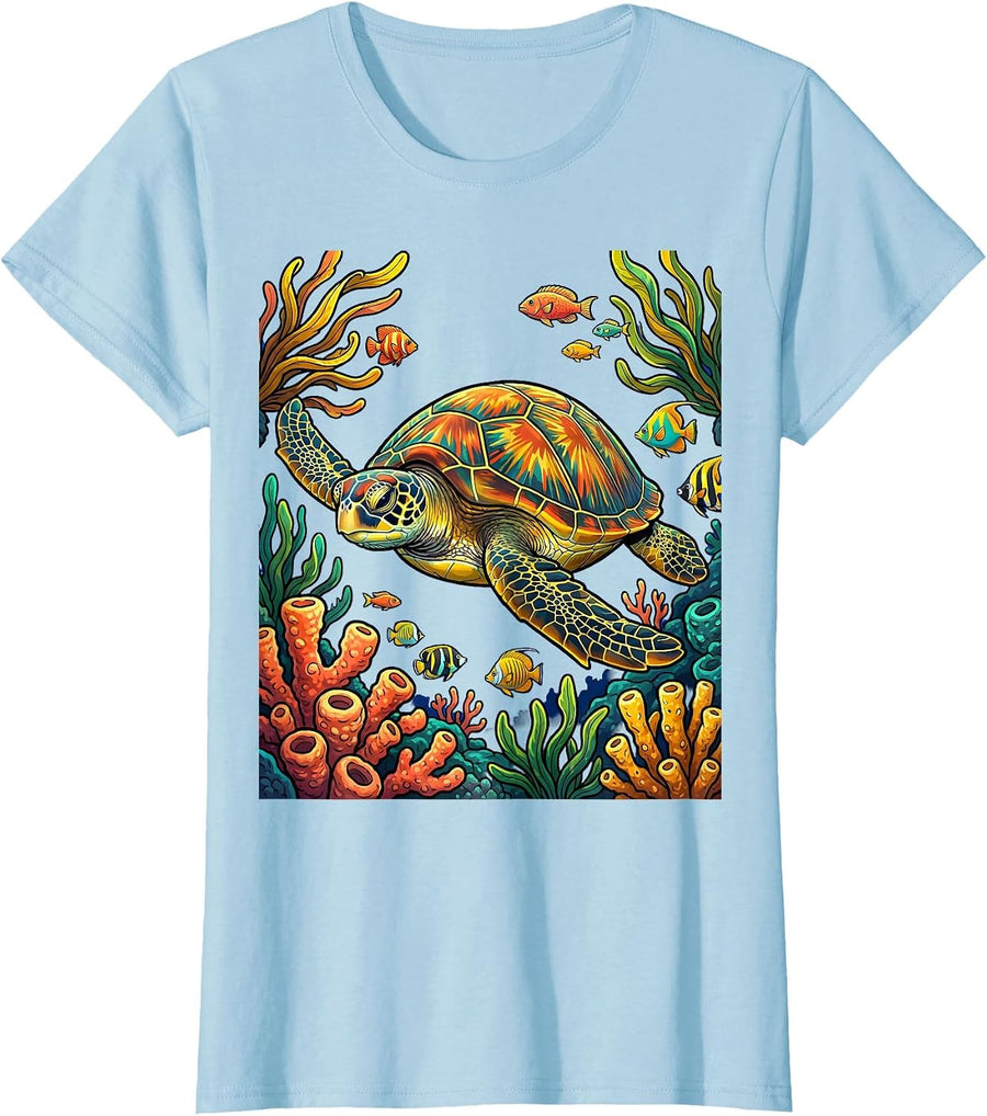 Women's Jamaica Sea Turtle Coral Reef Graphic T-Shirt - Baby Blue