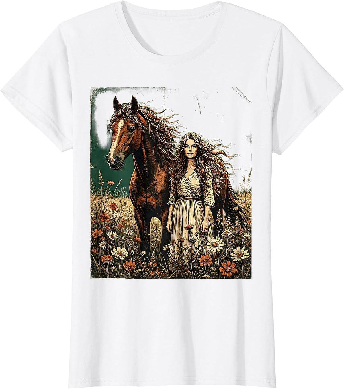 Woman and Horse Wildflower Field Illustration T-Shirt - White