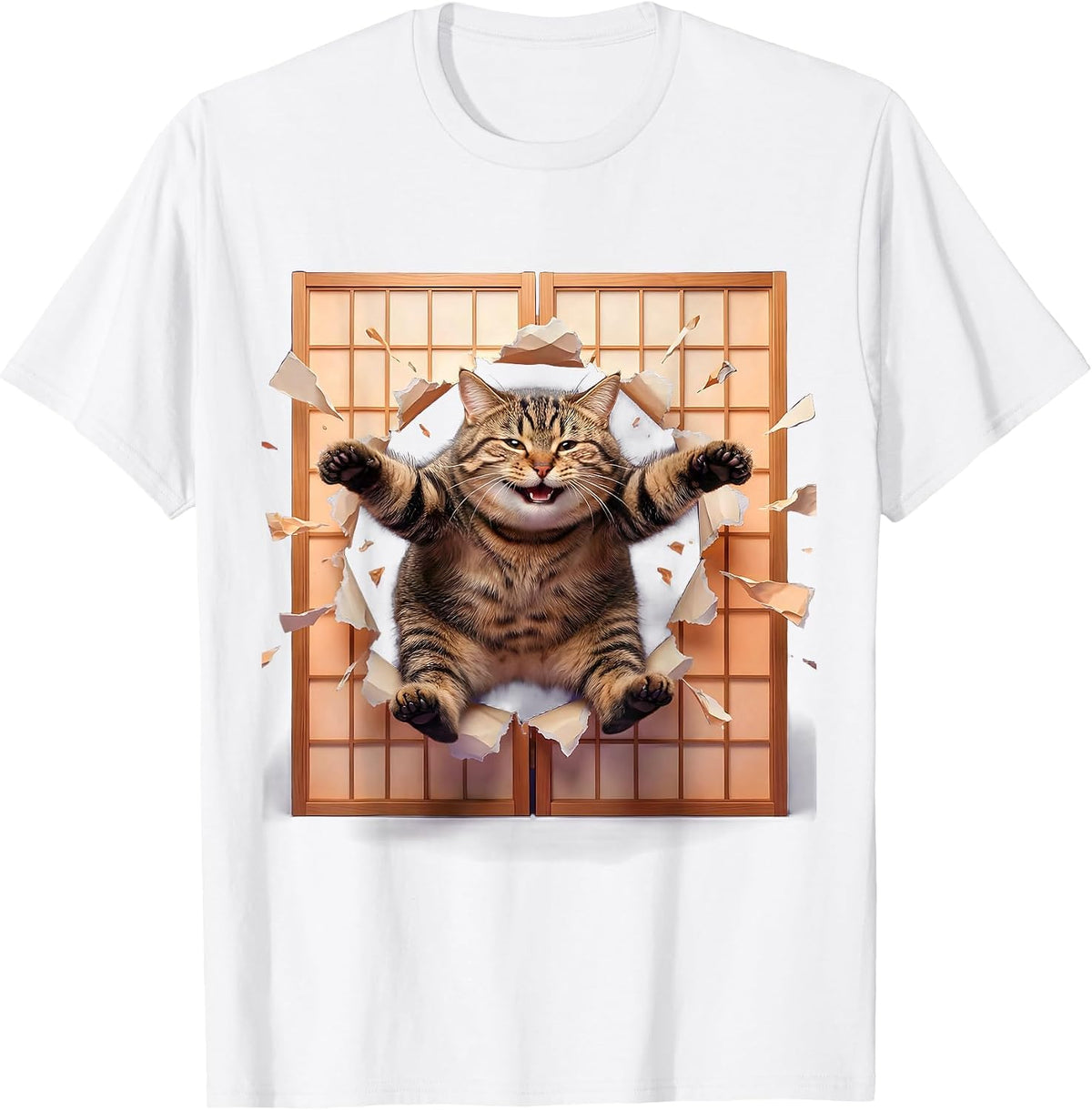 Men's Tabby Cat Leaping Through Shoji Screen T-Shirt - White