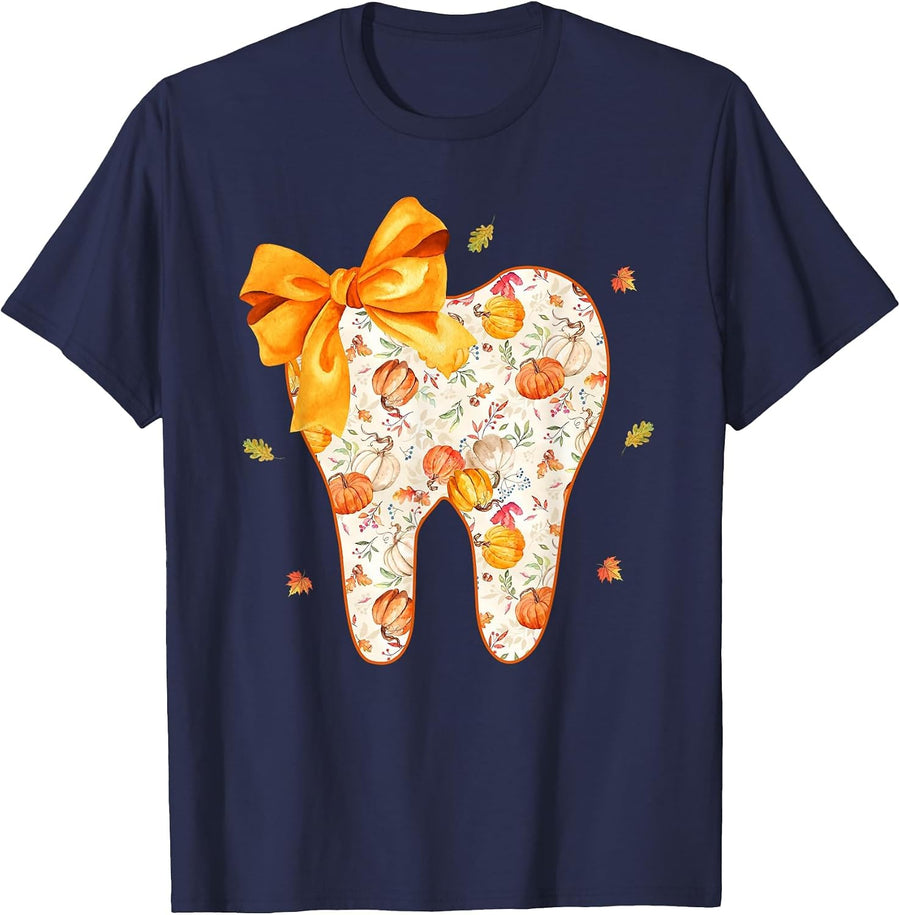 Coquette Bow Fall Tooth Dental Assistant Hygiene Oral RDH T-Shirt - Navy Blue