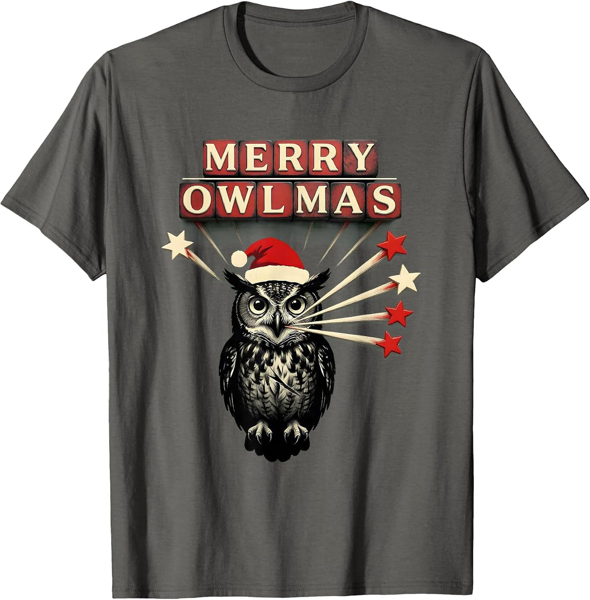 Men's Merry Owlmas! Owl Lover Santa Hat Christmas Lights Novelty T-Shirt - Asphalt Grey