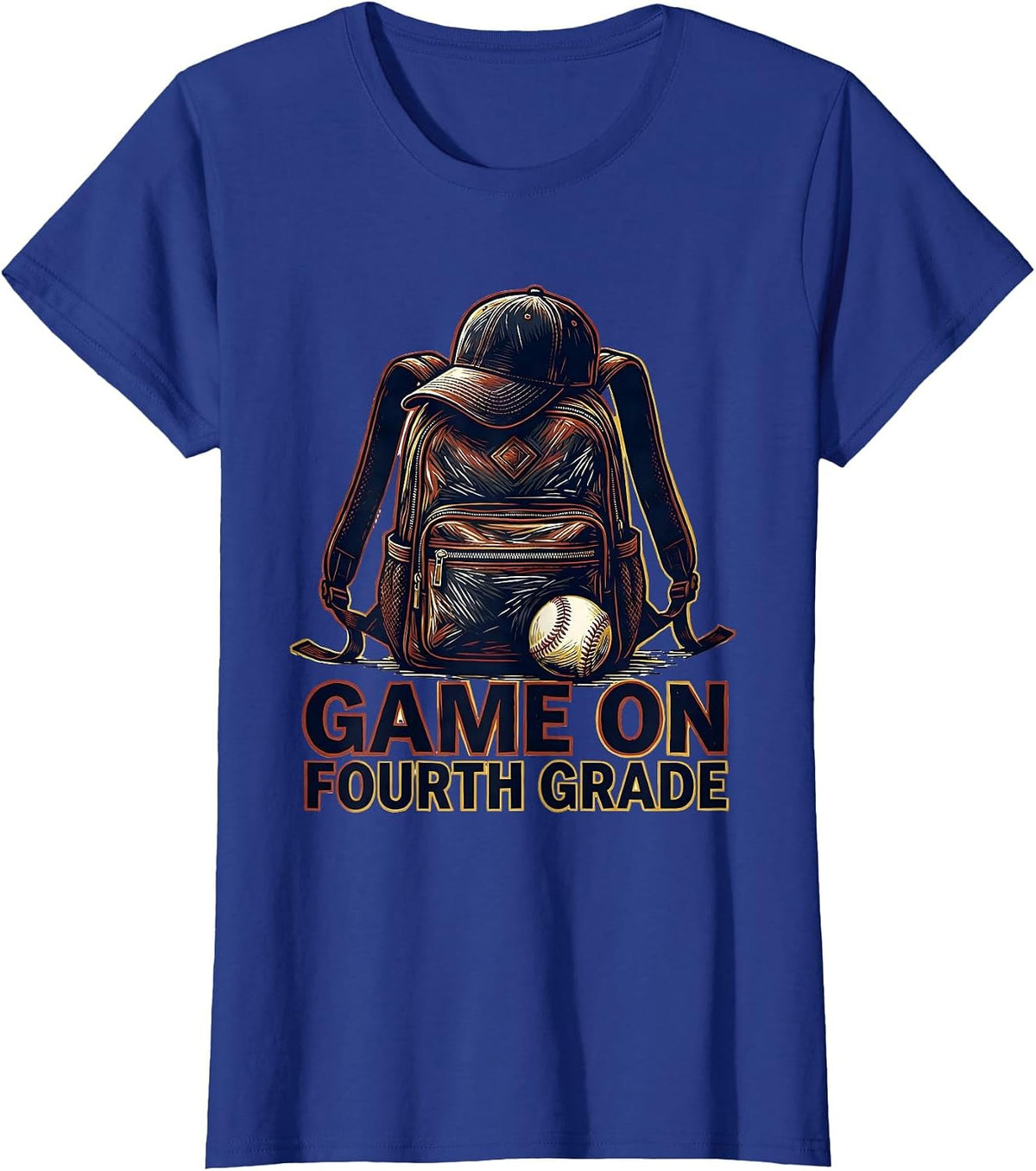 Women's Game On Fourth Grade Linocut Baseball Back To School Boy T-Shirt - Royal Blue