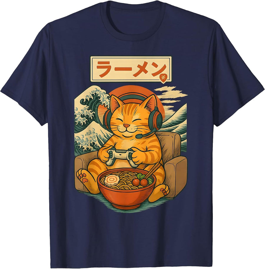 Cute Kawaii Gamer Cat Funny Ramen Japanese Cat Gaming T-Shirt - Navy Blue