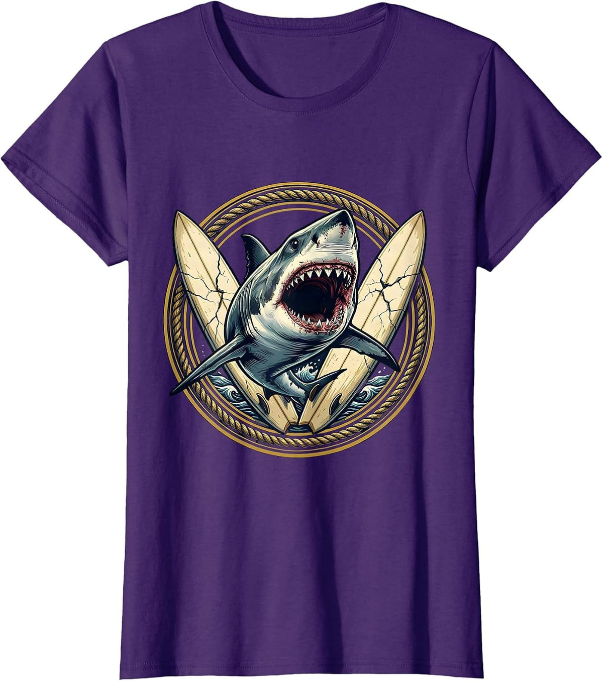 Women's Shark Bursting Through Vintage Surfboard Graphic T-Shirt - Purple