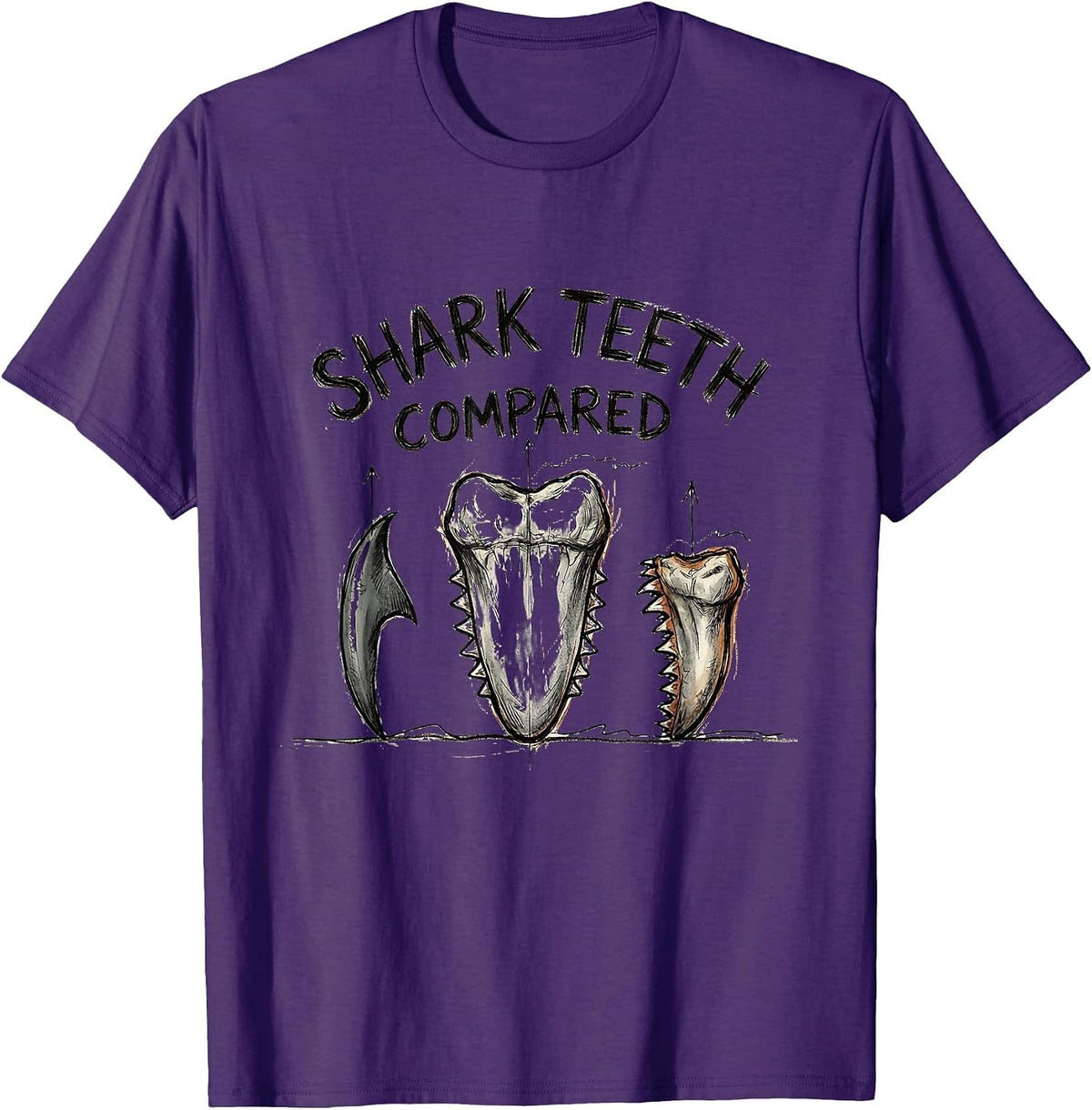 Shark Teeth Compared Hand Sketched Marine Biology Humor T-Shirt - Purple