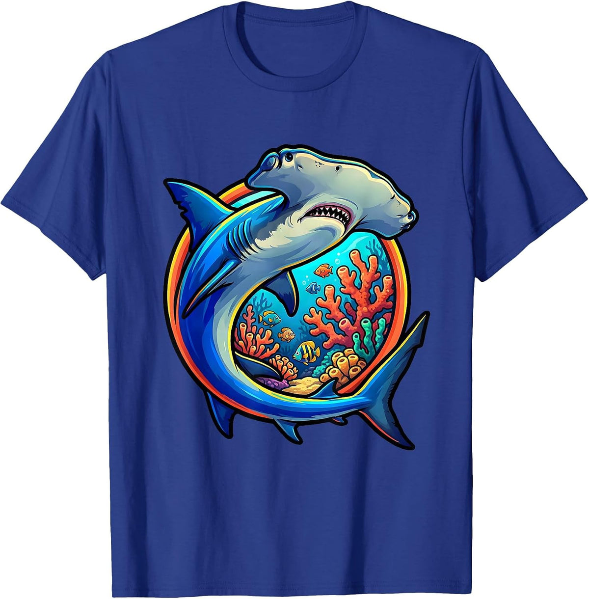 Men's Hammerhead Shark Circling Coral Reef Design T-Shirt - Royal Blue
