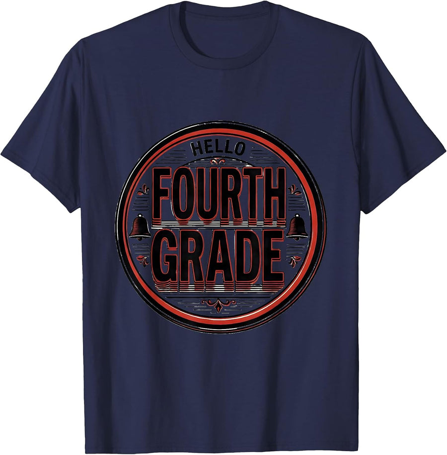 Hello, Fourth Grade Wood Type Letterpress Back To School T-Shirt - Navy Blue