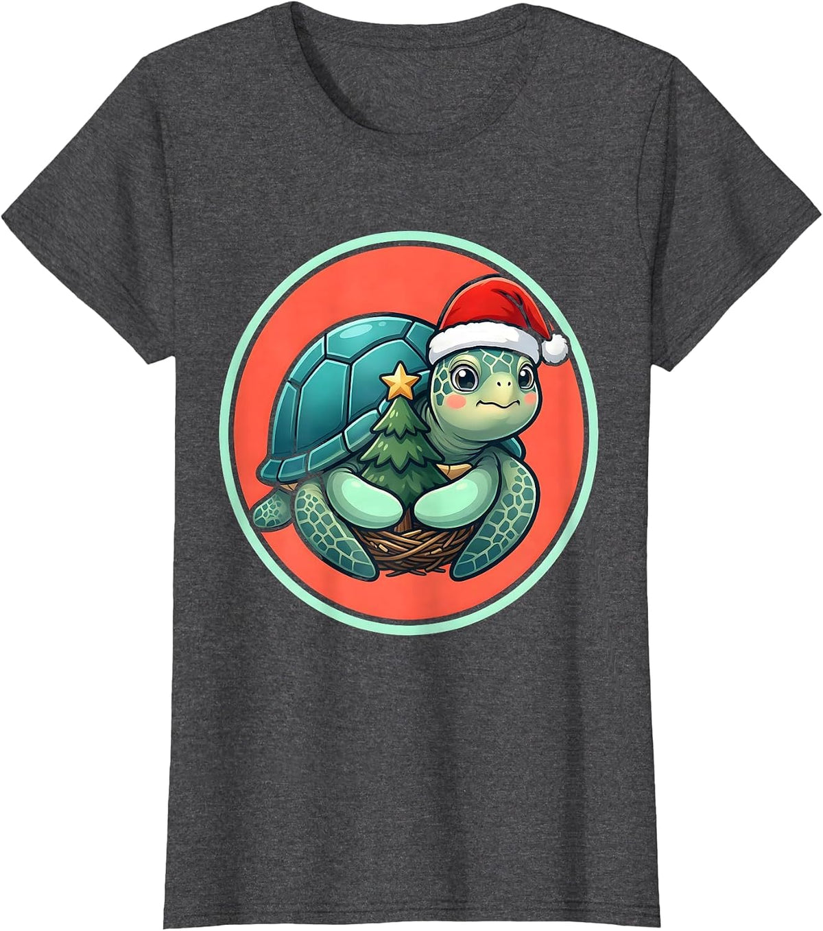 Women's Sea Turtle Santa Hat Cute Kawaii Christmas Novelty T-Shirt - Dark Heather Grey