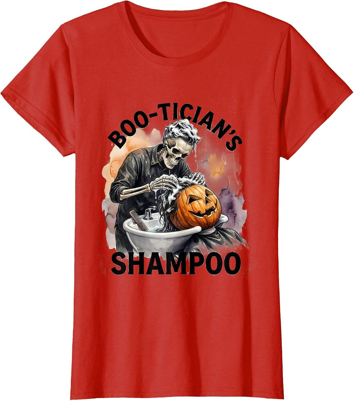 Women's Boo-tician's Shampoo Watercolor Skeleton Hairdresser T-Shirt - Red