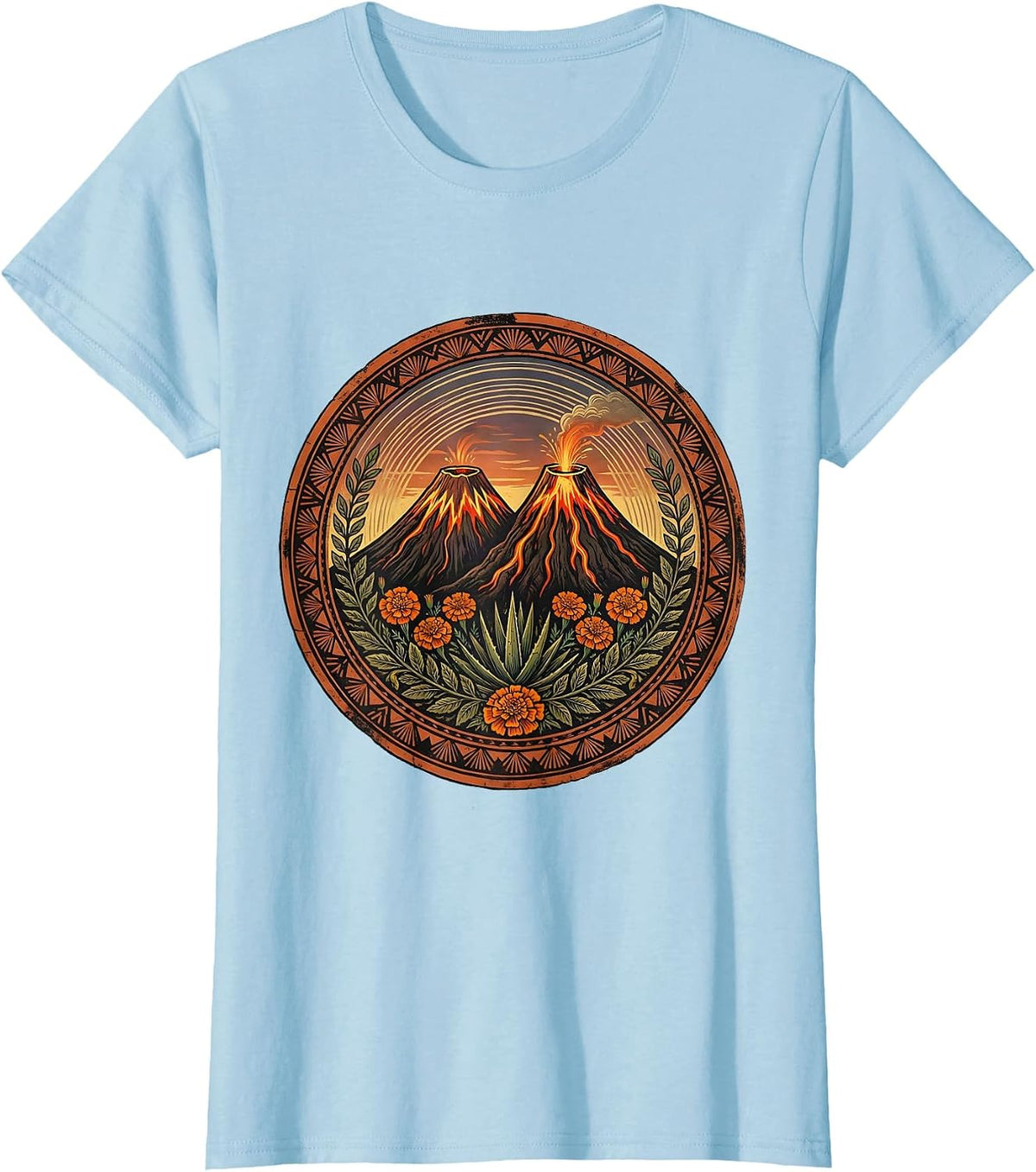 Women's Mexican Volcanoes Glowing Lava Dusk Illustration T-Shirt - Baby Blue