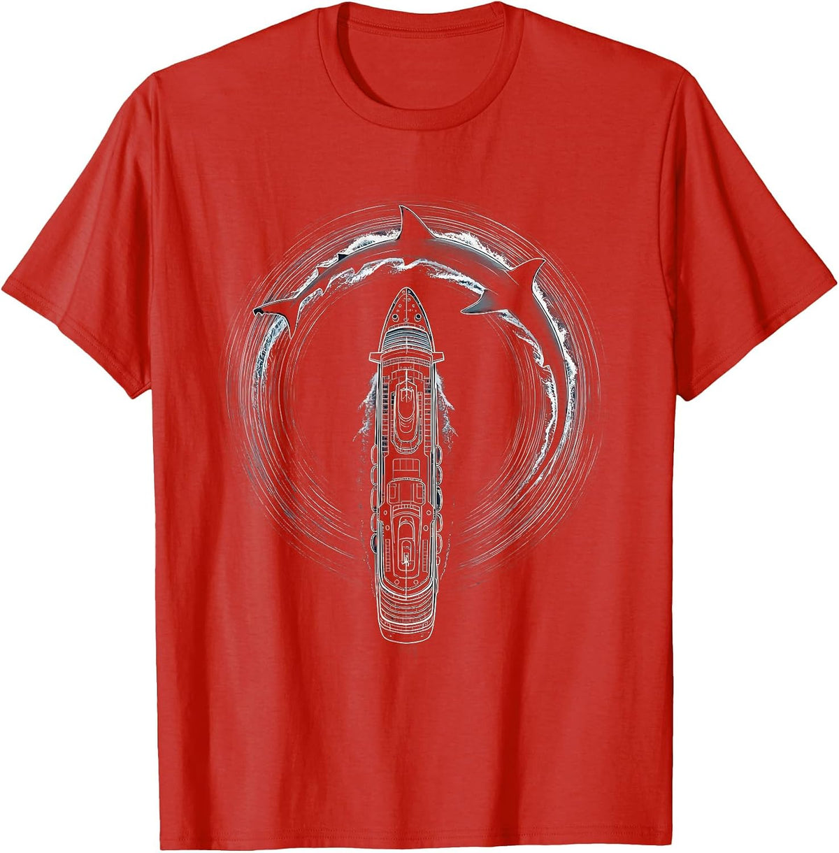Men's Shark Fin Circling Cruise Ship Aerial View T-Shirt - Red
