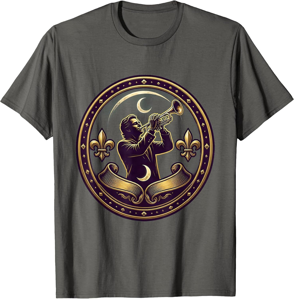 Mardi Gras Jazz Musician Silhouette Crescent Moon T-Shirt - Asphalt Grey